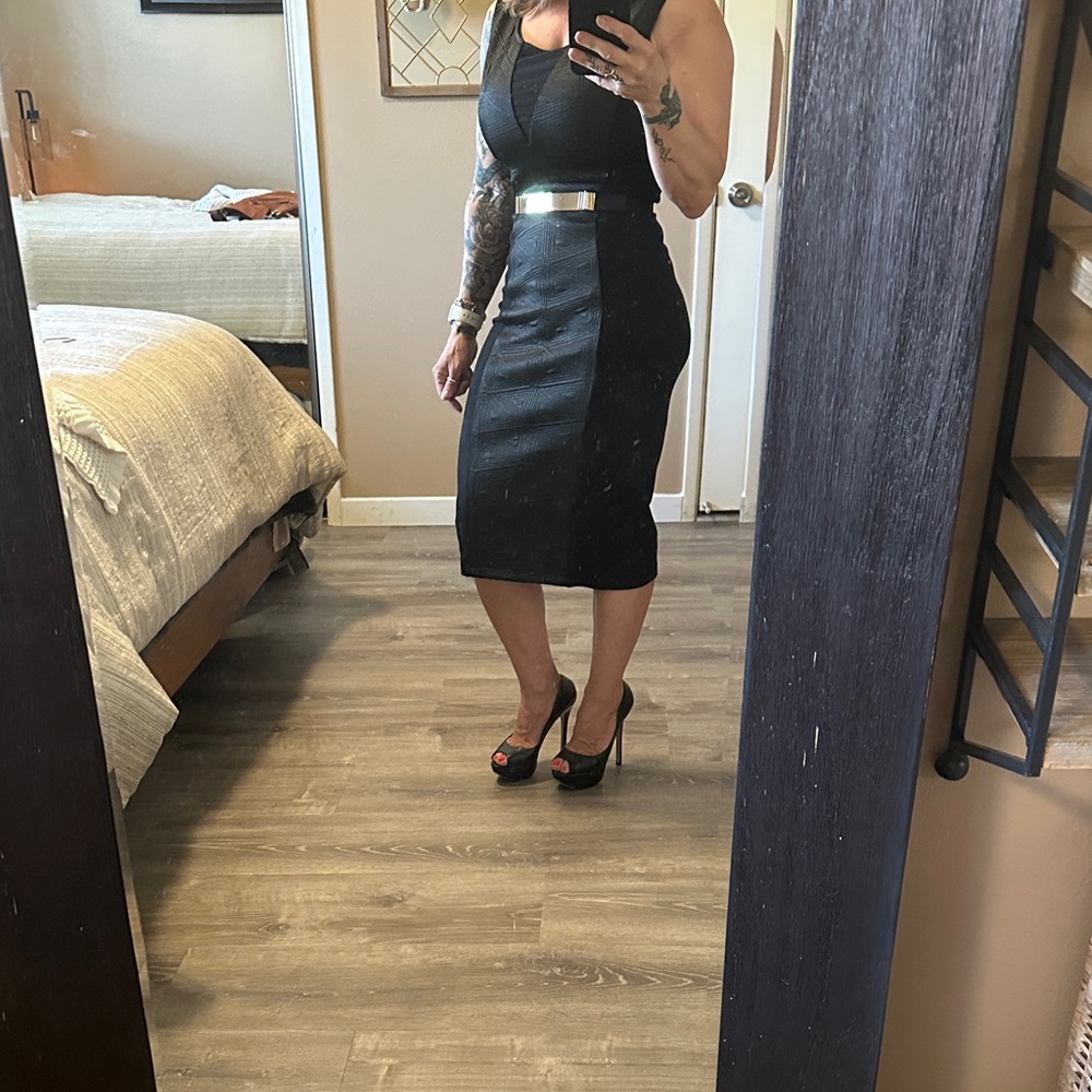 Bebe Black Sleeveless Sheath Dress with Metallic Waist Accent